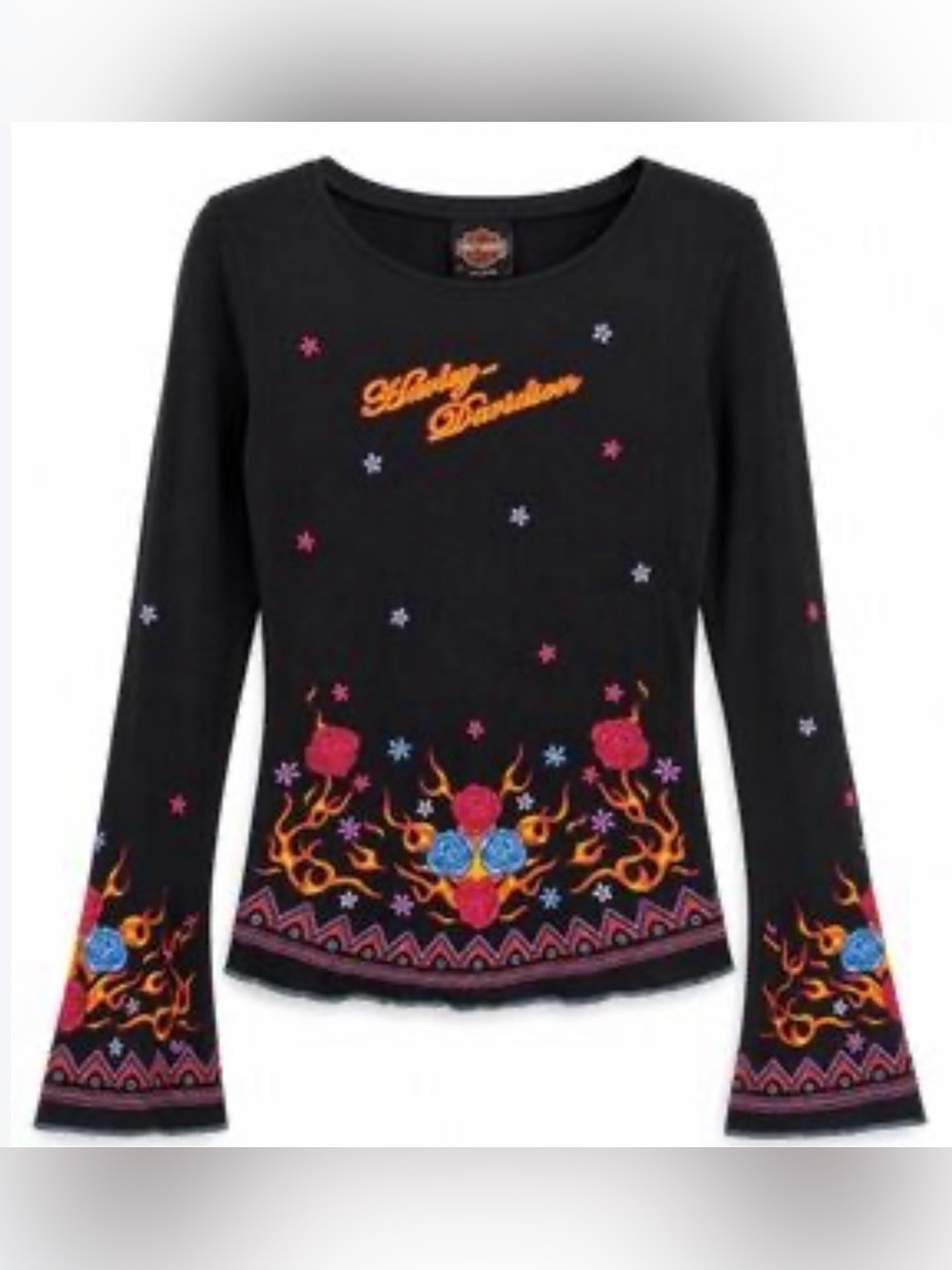 Y2K Harley-Davidson Black Floral Flame Embroidered Scoop Neck Top Size Small